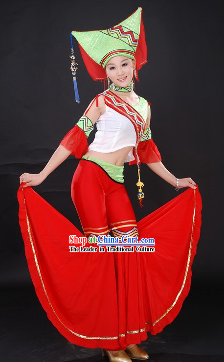 Chinese Ethnic Stage Performance Dance Costumes and Hat