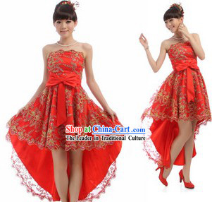 Chinese Classical Red Golden Flower Evening Dress