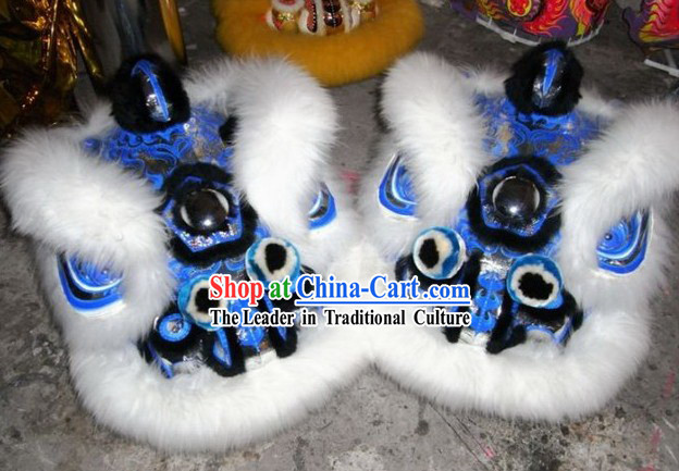 Classical White Long Wool and Blue Base Lion Dance Costume Complete Set