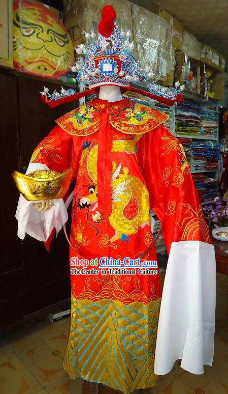 Traditional Chinese Cai Shen Costumes Complete Set with Beard and Gold