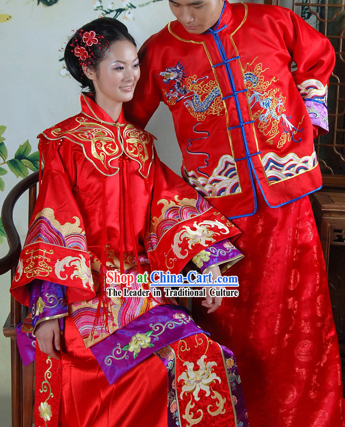 Stunning Chinese Red Dragon and Phoenix Wedding Dresses 2 Sets for Brides and Bridegrooms