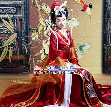 Ancient Chinese Princess Red Wedding Garment and Headgear Complete Set