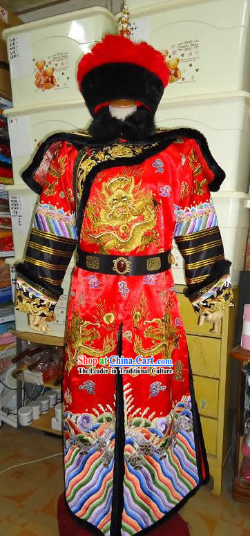 Chinese Palace Royal Emperor Wedding Dragon Robe and Crown Complete Set for Brides