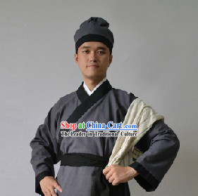 Ancient Chinese Restaurant Waiter Costume and Hat for Men