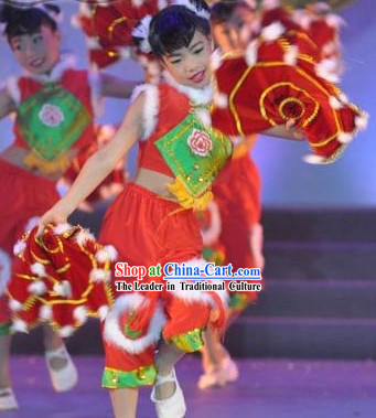 Chinese Spring Festival Handkerchief Dance Costume and Headpiece for Kids