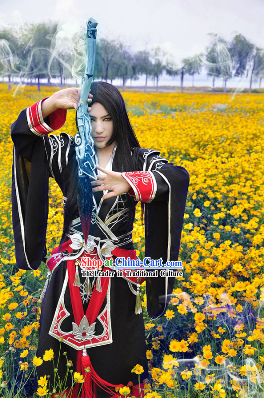 Black Ancient Chinese Swordsman Knight Costume Complete Set for Men