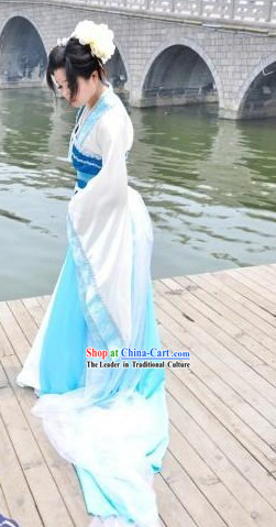 Ancient Chinese White and Blue Lady Clothes and Headpiece