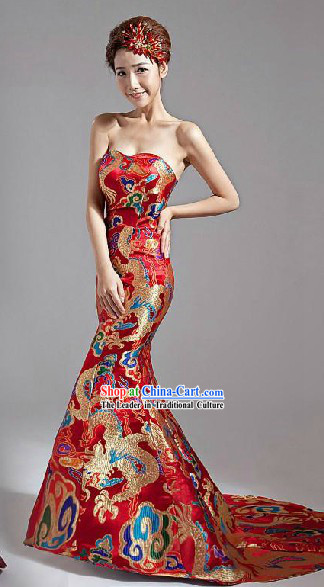 Long Tail Chinese Classic Red Dragon Wedding Evening Dress for Women