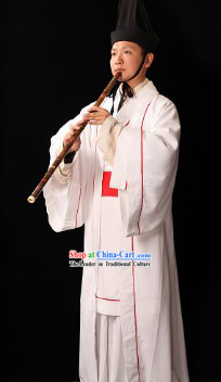 Ancient Chinese White Palace Male Musician Costumes and Hat