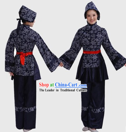 Traditional Chinese Female Farmer Costume and Headpiece for Women
