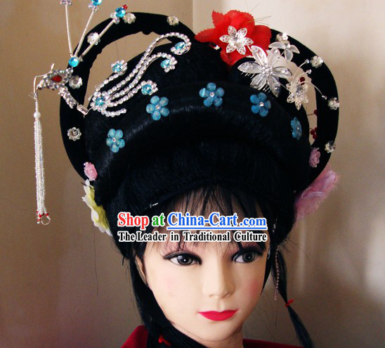 Traditional Chinese Dramatic Huangmei Opera Long Black Braids and Hair Accessories