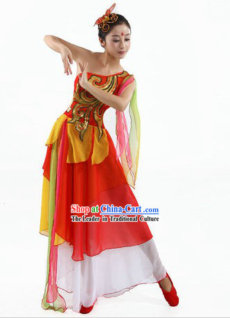 Chinese Classical Fan Dancing Costumes and Headpiece for Women