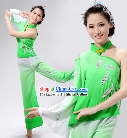 Green Chinese Han Ethnic Fan Dancing Costume for Women