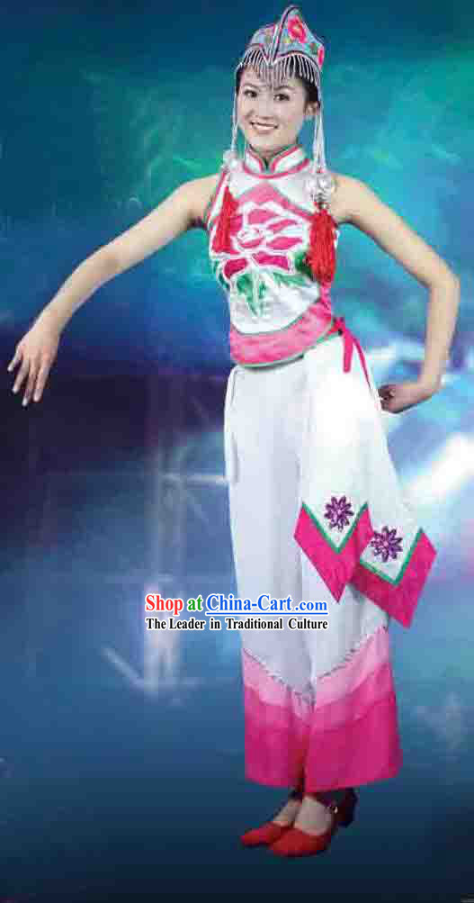 Chinese Yi Ethnic Minority Dancing Costume and Hat for Women