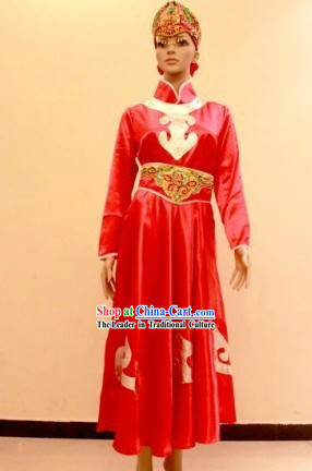 Traditional Mongolian Red Dance Costumes and Hat