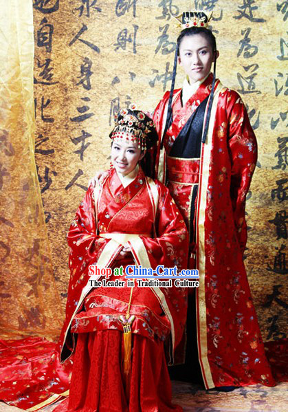 Chinese Classical Wedding Dresses and Headpieces Two Sets for Men and Women