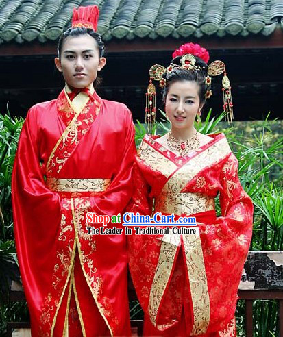 Chinese Classical Wedding Dresses and Headpieces Two Sets for Men and Women