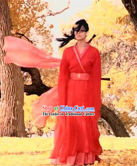 Chinese Qin Dynasty Period Filk Hero Ancient Chinese Red Knight Hanfu Clothing for Women