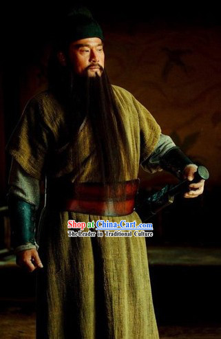 Ancient Chinese Costume Three Kingdoms Hero Guan Yu Costumes and Headpiece Complete Set for Men