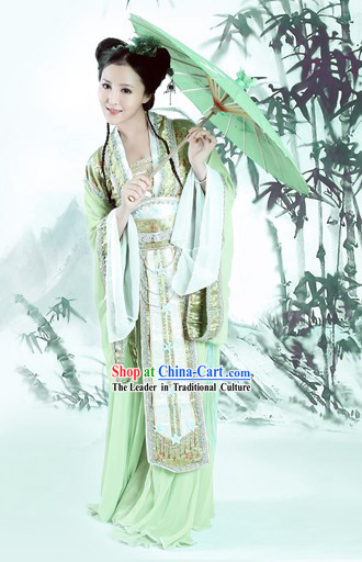 Ancient Chinese Green Lady Costume and Umbrella Complete Set