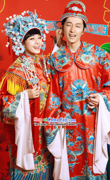 Traditional Mandarin Wedding Clothing Two Complete Sets for Bride and Bridegroom