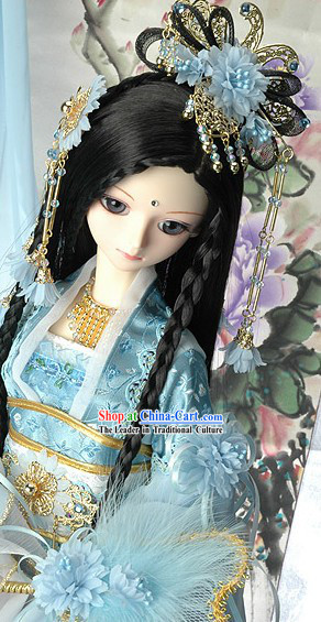 Ancient Chinese Light Blue Hair Accessories and Long Wig Complete Set