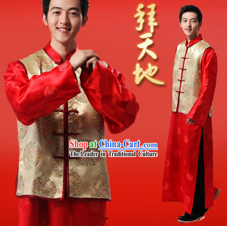 Chinese Classic Red Wedding Ceremonial Dress Complete Set for Bridegrooms