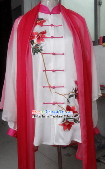 Supreme Embroidered Flower Gong Fu Silk Blouse, Pants and Cape Complete Set