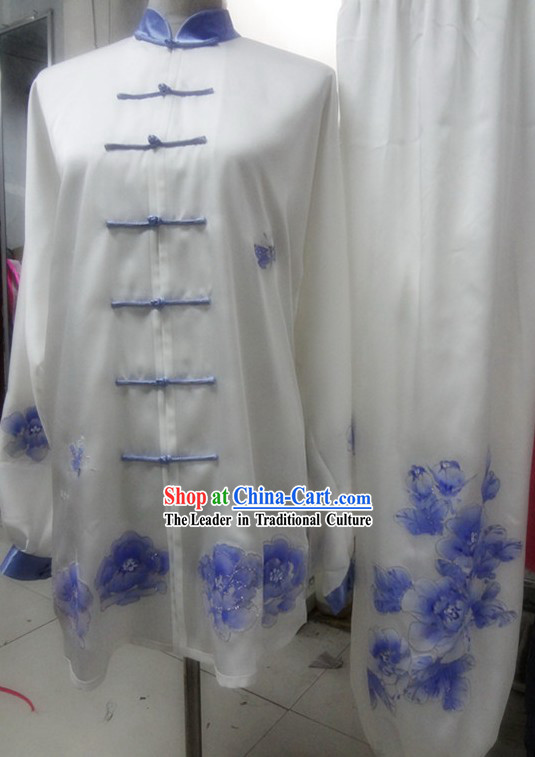 Supreme Embroidered Blue Flower Silk Kung Fu Blouse and Pants Set