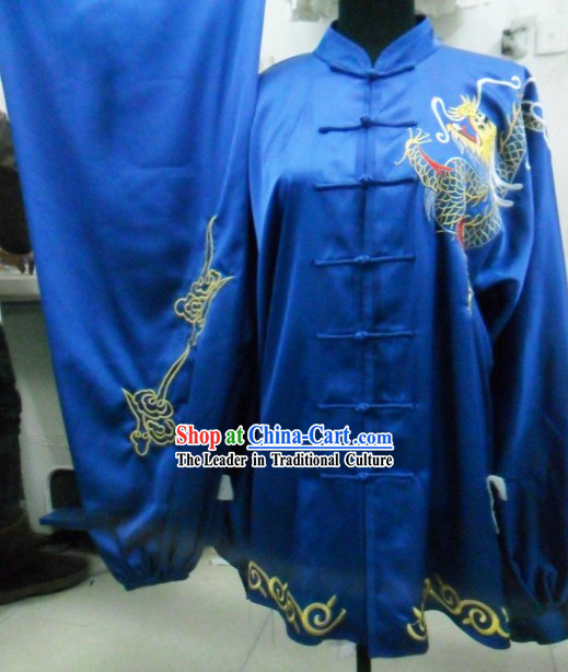 Blue Silk Dragon Kung Fu Contest Uniform for Men