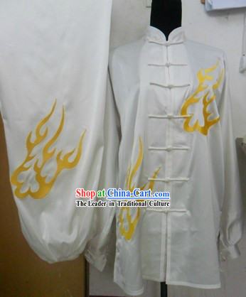 White Flame Pattern Kung Fu Silk Suit for Men