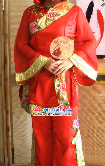 Ancient Chinese Red Fan Dance Costume Complete Set