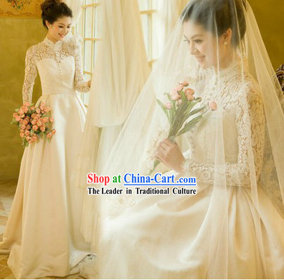 Modern Chinese Mandarin Collar Romantic Wedding Bridal Veil Dress