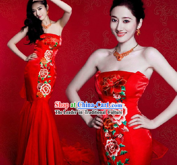 Chinese Classic Red Peony Mermaid Style Wedding Dress