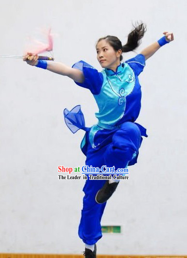 Blue Chinese Martial Arts Kung Fu Competition Silk Uniforms for Women
