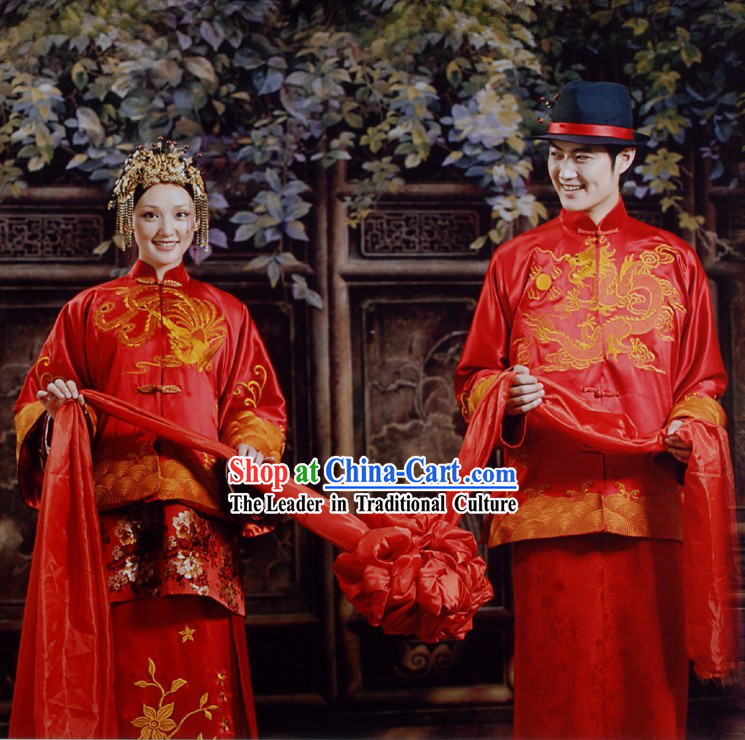 Chinese Gorgeous Ancient Wedding Dress 2 Complete Sets for Bride and Bridegroom
