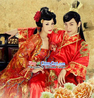 Ancient Chinese Wedding Clothes Two Sets and Hair Accessories for Bride and Bridegroom