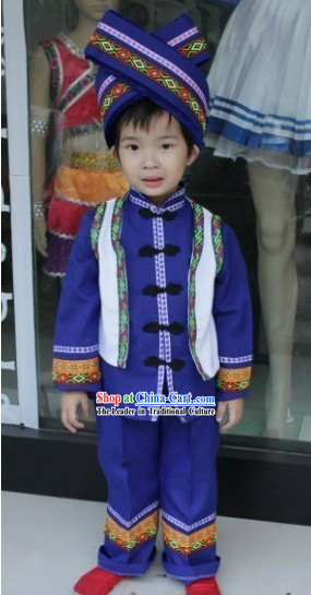 Chinese Zhuang Ethnic Clothes and Hat for Children