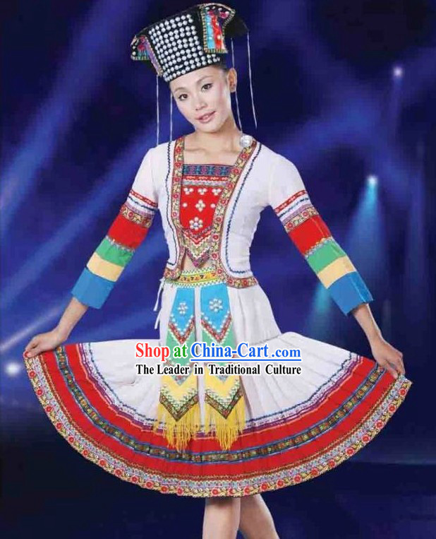 Chinese Ethnic Hani Dance Costumes and Hat for Women