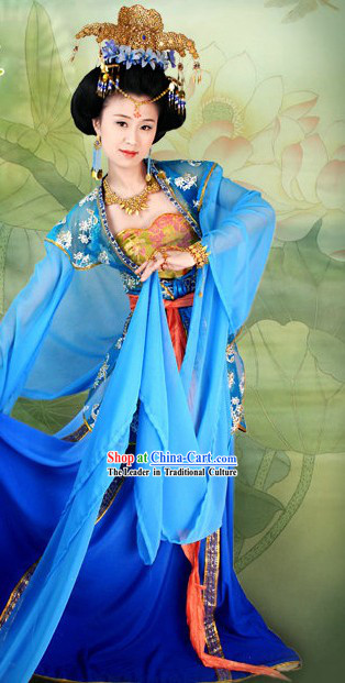 Ancient Chinese Imperial Palace Blue Long Sleeve Dance Costumes and Hair Accessories
