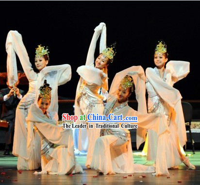 Ancient Chinese Palace White Fairy Classical Dancing Costumes and Hair Accessories for Women