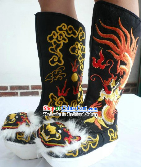 Chinese Opera General Black Embroidered Dragon Long Boots for Men