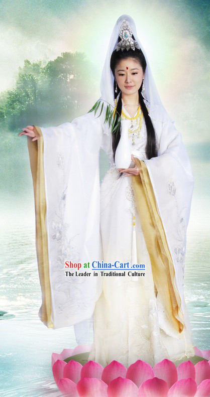 Ancient Chinese Guan Yin Buddha White Costume and Hair Accessories Complete Set