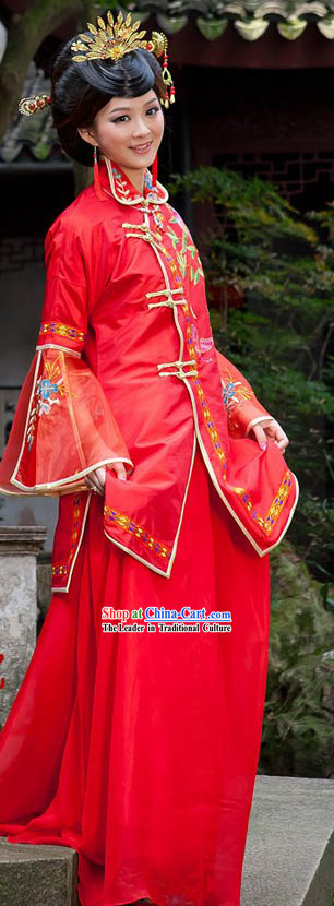 Traditional Chinese Red High Collar Butterfly and Flower Wedding Dress Complete Set