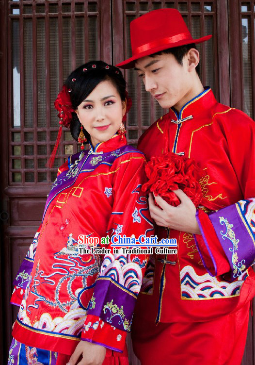 Traditional Red Chinese Dragon and Phoenix Wedding Dresses for Men and Women