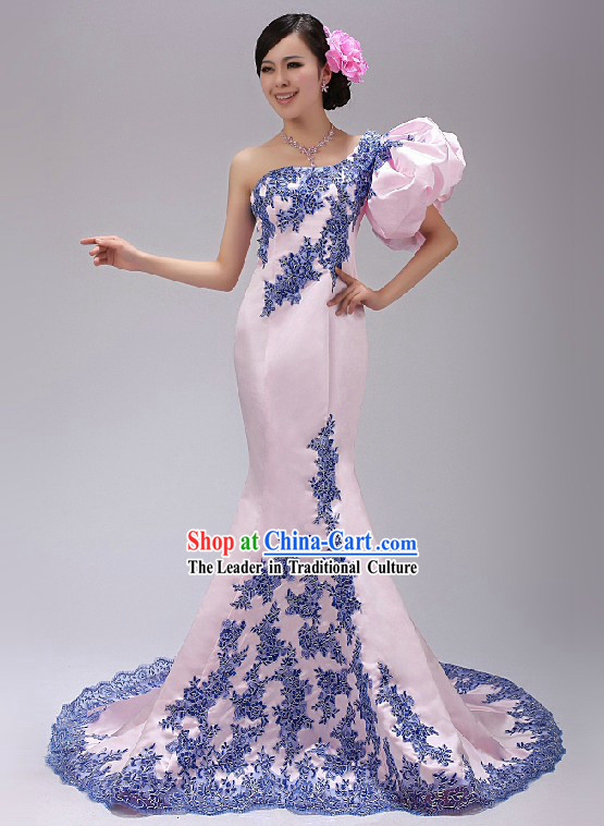 Chinese Elegant Pink Evening Dress with Fish Bottom Tail