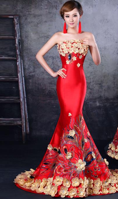 Chinese Romantic Blue and Red Evening Dress