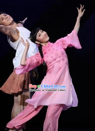Chinese Classical Pink Flower Folk Dance Costume for Women