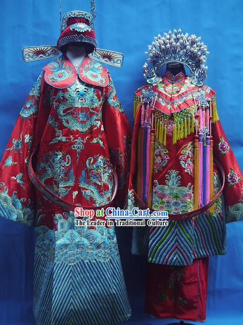 Ancient Chinese Wedding Dresses and Hats Two Sets for Men and Women