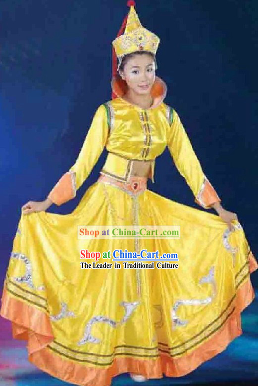 Traditional Chinese Mongolian Yellow Dance Costumes and Hat for Women